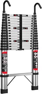 Heavy Duty Telescopic Ladder, 4.4M (14.4FT) with Roof Hooks, Stainless Steel, Portable, Adjustable Height, Max Load 330lbs