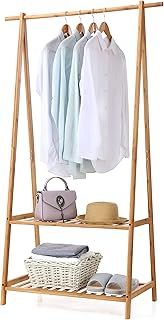 Finnhomy Bamboo Clothes Rack Portable Extra Large Garment Rack 2-Tire Storage Box Shelves for Entryway and Bed Room