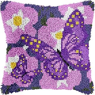 veirousa Butterfly Floral Latch Hook Kits for Adults Beginners DIY Crochet Pillow Kit Pre-Printed Pillowcase Hook and Latch Rug Kits Needlework Cushion Cover for Home Sofa Decoration 17x17 in.