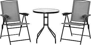 Outsunny 3 Piece Outdoor Bistro Set, Patio Conversation Furniture Set with 2 Folding Backrest Adjustable Armchairs and Glass Top Coffee Table, Grey