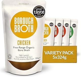 Organic Bone Broth Variety Pack by Borough Broth - Beef, Chicken & Lamb Broth - High Protein & Collagen, Low Carb, Gluten-Free & Keto - Chilled Bone Broth For Soups, Stews & Sauces - 5 x 324g