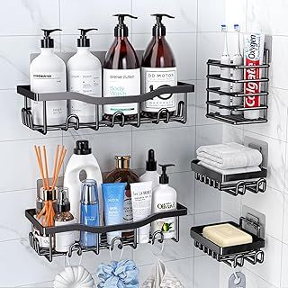 PKBD Rustproof Stainless Steel Shower Caddy 5 Pack, Bathroom Storage Accessory Shelf Organiser No Drilling Hanging, Soap Toothbrush Holder Set, Kitchen Wall Mounted Corner Decor, Black