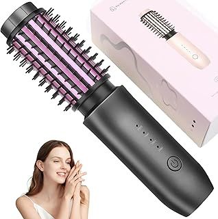 Cordless Curling Iron Brush, 2 in 1 Cordless Hair Curler and Straightener Brush, 7000Mah Portable Travel Curling Iron Mini Brush, Rechargeable Curling Wand Brush with Negative Ion, 150℃-210℃ (Gery)