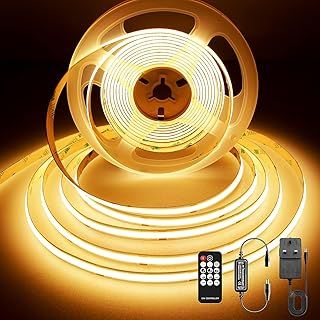 COB LED Strip 3m, Dotless LED Strip with Remote and Power Supply, DC24V, CRI>90, 8mm Width, Dimmable Continuous LED Strip Lights for Bedroom Decoration, Warm White 2700K