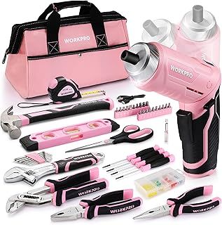 WORKPRO 74-Piece Tool Set with Cordless 3.7V Screwdriver, Pink Tool Kit with Carrying Bag, Perfect for DIY, Home Repair