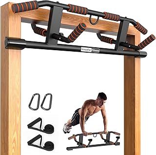 AmazeFan Pull Up Bar Doorway with Ergonomic Grip - Fitness Chin-Up Frame for Home Gym Exercise - Multi-Angle Grip - 2024 Upgrade Smart Hook (Fits Almost All Doors) (Black/Orange)