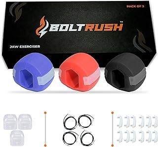 BOLT RUSH Jaw Exerciser, Jaw Trainer for Jawline,3 Levels of Resistance - Includes 12 x Biting Strips, 4 x Neck Straps, Jaw Toner for Face (Pack of 3)