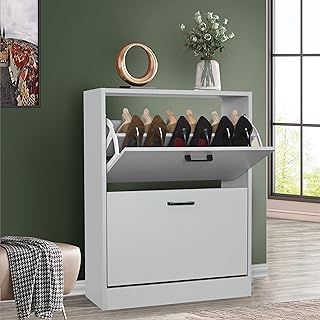 Shoe Storage Cabinet for Hallway Shoe Storage Organiser with 2 Drawer Shoes Rack 2 Tier Storage Cabinet Freestanding Footwear Stand for Hallway, Entryway, Living Room, Light Grey, 60W x 24D x 80H cm