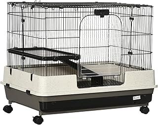 PawHut 2 Tier Rolling Small Animal Rabbit Cage Chinchillas Hutch Pet Play House with Platform Ramp Removable Tray 80 x 52.7 x 66 cm