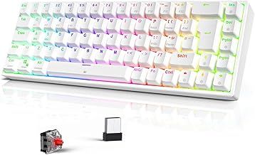 TECURS Wireless Mechanical Gaming Keyboard RGB UK Layout TKL 65% Rollover Anti-ghosting Bluetooth / 2.4G Keyboard Red Switch for PC Gamer/iPad/ PS4/Android, White