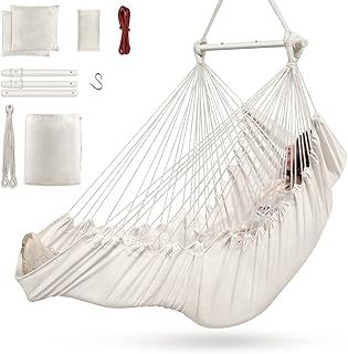 Hammock Chair, Cotton Rope Handwoven Chair with Collapsible Metal Spreader Bar Max 440 LBS for Indoor&Outdoor, Patio, Garden, Yard (Khaki)