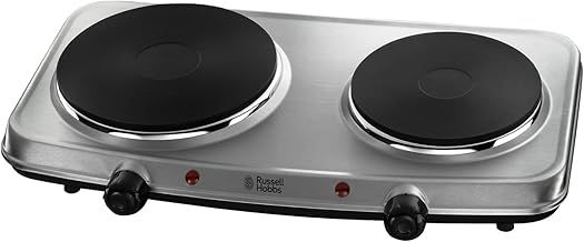 Russell Hobbs Double Hot Plate Electric Stainless Steel Hob, 2 Cast iron plates, Large 1500W, Small 750W, Portable, Table top, Variable & Individual temp control, Easy to clean, 15199