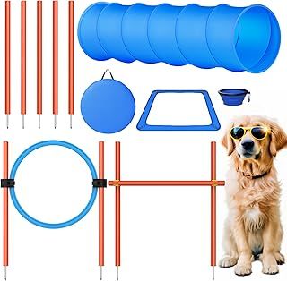X XBEN Dog Agility Equipment, 6PCS Agility Training Set with Dog Agility Tunnel, Agility Salom Poles, Dog Agility Jump Rings and Hurdles, Break Box, Foldable Dog Water Bowl and Carriy Bags