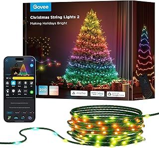 Govee Christmas String Lights, Christmas Decorations Indoor, 20M RGBWIC Lights with 200 LED Lights, Shape Mapping Technology, App Control with 130+ Dynamic Scene Modes, Sync with Music, Green Cables