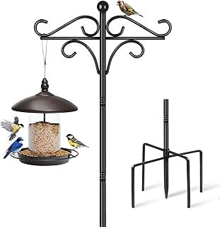 Bird Feeder Pole Stand, 195cm Approx.2m Adjustable Feeding Station Hanging with 2 Hook, Heavy Duty Freestanding Double Shepherd Crook for Outdoor Garden Light Lantern Plant Metal Hanger, Black