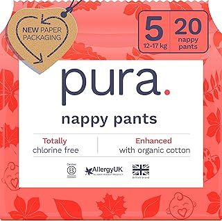 Pura Eco Nappy Pants - Size 5 (12-17kg), 20 Nappies, Pull Up Disposable Baby Nappies for Sensitive & Allergy Prone Skin, Hypoallergenic, Fragrance Free, Easy-Tear Side, New Size Guide