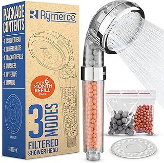 Filtered Shower Head for Hard Water UK - Universal Adjustable 3 Mode Function Handheld Replacement - High Pressure Shower Head Filter with Eco Beads