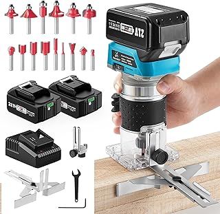 Cordless Compact Wood Palm Router, 21V Wood Router Tool with 2PCS 4.0Ah Batteries, Brushless Power Hand Palm Routers for Woodworking, Wood Trimmer Cutting with 15 Pieces 1/4" Router Bits Set