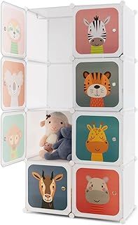 Kids Clothes Closet, 8 Cube Children Portable Wardrobe with Hanging Sections, DIY Modular Storage Organizer for Kindergarten, Nursery, Bedroom (White Animal, 75 x 37 x 145 cm)