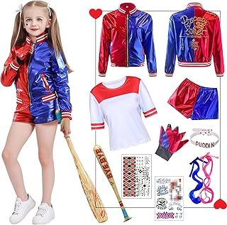 Amycute Quinn Cosplay Costumes for Adults Children, Girls Villain Suicide Costume Kit Includes Jacket, T-Shirt, Shorts and Glove for Halloween Carnival Cosplay