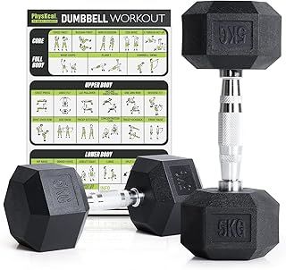 PhysKcal Hex Dumbbells Set, Odourless Poly Rubber Encased Dumbbells 2.5KG~30KG Single or Pair, Home Gym Weights Set
