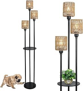 Boho Floor Lamp, 3-Lights Rattan Floor Lamp with Shelves, Farmhouse Floor Lamp with ON/OFF Foot Switch, Rustic Standing Lamp with Rattan Shades, Tall Floor Lamps for Living Room Bedroom Office