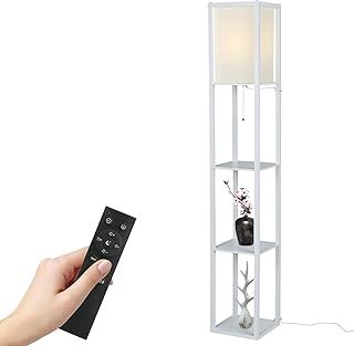 Tomshine Floor Lamp with Shelves, 3 Layers Wooden Shelf Tall Lamps with Remote Control Modern Standing Lamps for Living Room Office Home Decoration (Bulb Included) (White)