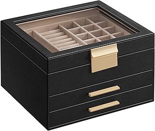 SONGMICS Jewellery Box with Glass Lid, 3-Layer Jewellery Organiser with 2 Drawers, Jewellery Storage, Plenty of Storage, Modern, Gift Idea, 20.3 x 23.1 x 13.5 cm, Graphite Black and Gold JBC239B03