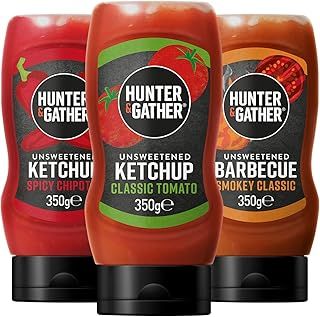 Hunter & Gather Unsweetened Sauces 3 x 350g | Classic Ketchup, BBQ & Spicy Ketchup, Keto, Paleo, Low Carb & Vegan Friendly | Free from Added Sugar & Sweeteners
