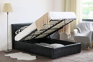 Double Ottoman Storage Faux Leather Double Bed Frame (4FT6) Bounce Sprung Slats Base (Black, Double 4FT6)