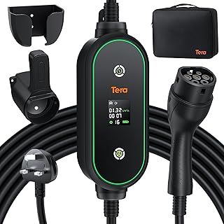 Tera Portable EV Charger Type 2: Electric Car Charger for Outdoor Charging 3kW Adjustable 6A-13A UK 3-PIN Plug 5H Delay Time 5.5 meter Charging Cabel IP66 LCD Screen with Cable Holder & Bag P03