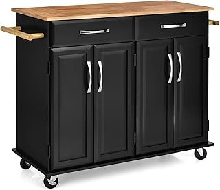 COSTWAY Kitchen Island on Wheels, Rolling Storage Trolley Cart with Rubber Wood Countertop, 2 Cabinets, 2 Drawers, Towel Racks & Adjustable Shelf, Home Dining Room Serving Organiser Cabinet (Black)