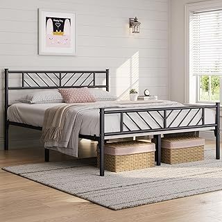 Yaheetech 5ft King Bed Frames Metal Slatted Bed Platform with Arrow Design Headboard, Under-bed Storage, No Box Spring Needed, Black