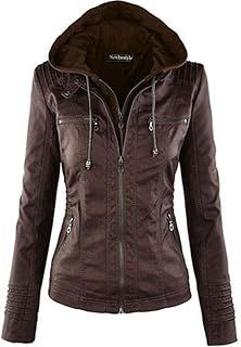 Faux Leather Jacket for Women Hooded Moto Biker Jacket Full Zip Pleated Overcoat Casual Coat Warm Tops