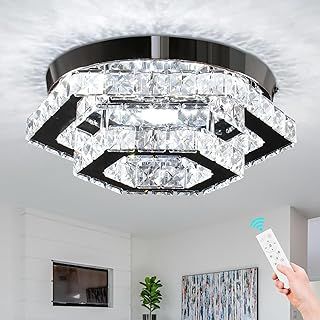 CXGLEAMING 13" Modern Crystal Chandelier Ceiling Light LED Dimmable Pendant Lamp Flush Fitting Ceiling Light for Living Room Bedroom Kitchen Hallway Bathroom(Remote Control