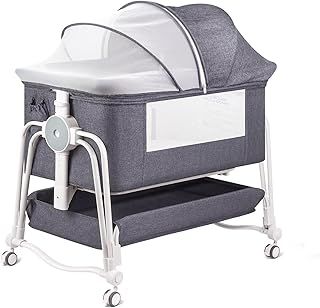 4 In 1 Baby Crib, Next to Me Crib, 7 Level Adjustable Bedside Bed for Baby with Wheels, Storage, Mosquito Net and Matress Included, Portable Cribs for Newborn Infant (Grey)