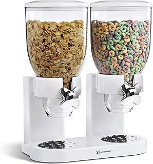 Double Cereal Dispenser Dry Food White/Black Plastic Canister Fresh & Easy (White)