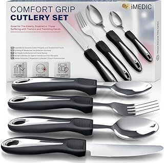 Comfort Grips Cutlery - Cutlery for Disabled Hands - Dishwasher Safe Disabled Cutlery for Adults - Disability Cutlery for Adults Suffering from Trembling Hands - 1 Set Silver/Black
