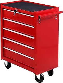 HOMCOM 5 Drawer Tool Box, Lockable Steel Tool Chest on Wheels, Rolling Chest Cabinet with 5 Drawers and Handle for Workshop, Garage, Red