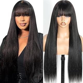 Human Hair Wig with Fringe Wear and Go Glueless Bone Straight Closure for Black Women 2X4 Lace Front Wigs Human Hair Brazilian Glueless Black Wig with Bangs 16 Inch