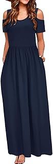 STYLEWORD Women's Summer Cold Shoulder Short Sleeve Maxi Dress Floral Print Elegant Long Dress with Pockets