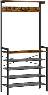 HOOBRO Coat Stand, Coat Rack with Shoe Storage, Industrial Hall Tree, Large Hall Stand, 5 Removable Hooks, Wood Accent Top Shelf, Entryway Storage Shelf, Metal Frame, Rustic Brown and Black EBF74MT01