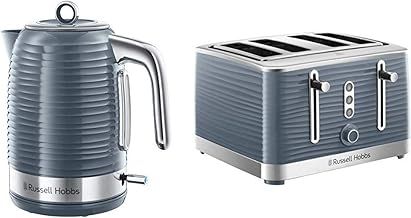 Russell Hobbs Inspire Electric Kettle Cordless Hot Water Dispenser with 4 Slice Toaster Wide Slot with Lift and Look Feature, Grey