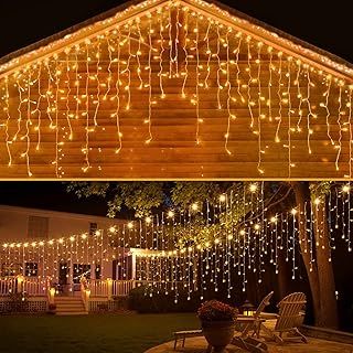 Icicle Lights Outdoor 10M 400 LED with 75 Drops Connectable Fairy Curtain Lights Plug in 8 Modes Main Powered Waterproof Outdoor Indoor Decorations for Wedding Party in Room Garden Roof (Warm White)