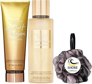 Body Shimmer Bundle set including Shore is Swell Shower Body Puff Bundled with Victoria Secret Coconut Passion Shimmer Fragrance Mist, Shimmer Fragrance Lotion