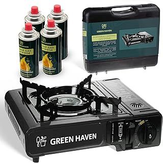 GREEN HAVEN Black Portable Camping Stove with Cary Case & 4 Butane Gas - Premium Camping Gas Stove, EN417 Compliant, Portable with Automatic Ignition & Heat Control