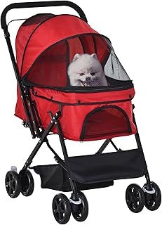 PawHut Dog Stroller, Pet Stroller, Foldable Dog Cat Travel Pushchair with Reversible Handle, EVA Wheels, Brake, Basket, Adjustable Canopy, Safety Leash, for Small Dogs, Red