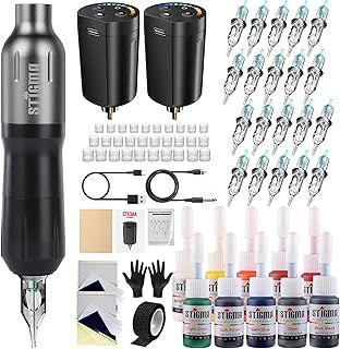 STIGMA Tattoo Kit Wireless Tattoo Rotary Pen Kit Professional Tattoo Machine Set with with 2Pcs Batteries 20Pcs Tattoo Cartridges Needles for Beginners and Tattoo Artists STP7KIT-1