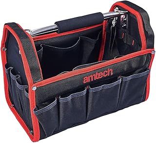 Amtech - Tool Tote Bag, Open Tote Tool Bag with 19 Pockets for Electricians, Technicians, Plumbers, and More, Heavy Duty and Waterproof, Cushioned Handle, Detachable Shoulder Strap (13”)