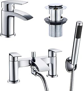 Basin and Bath Mixer Tap with Shower Attachment Set Slotted Pop up Waste Waterfall Bathroom Sink Tap Cloakroom Bathtub Tub Filler Tap Mixers Monobloc Chrome Brass Bathroom Taps Set